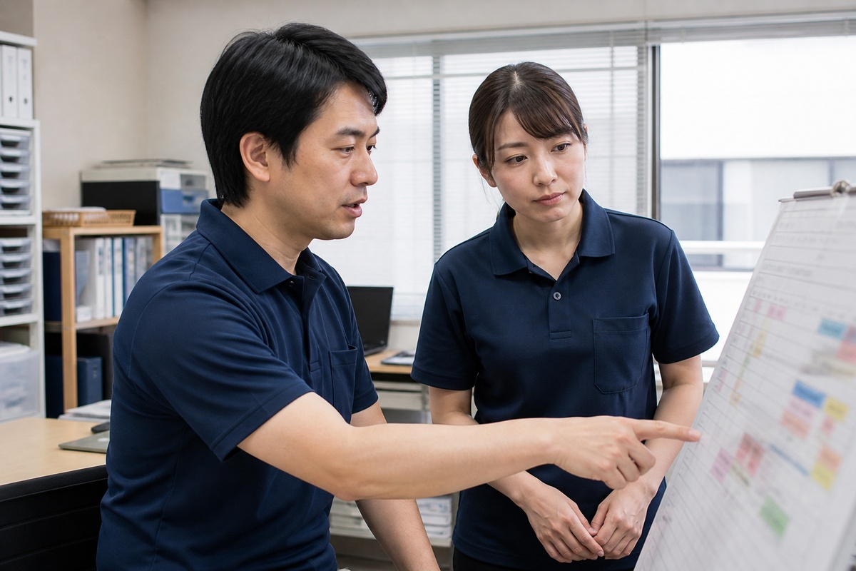 予定表を見ながら話しているスタッフ2人