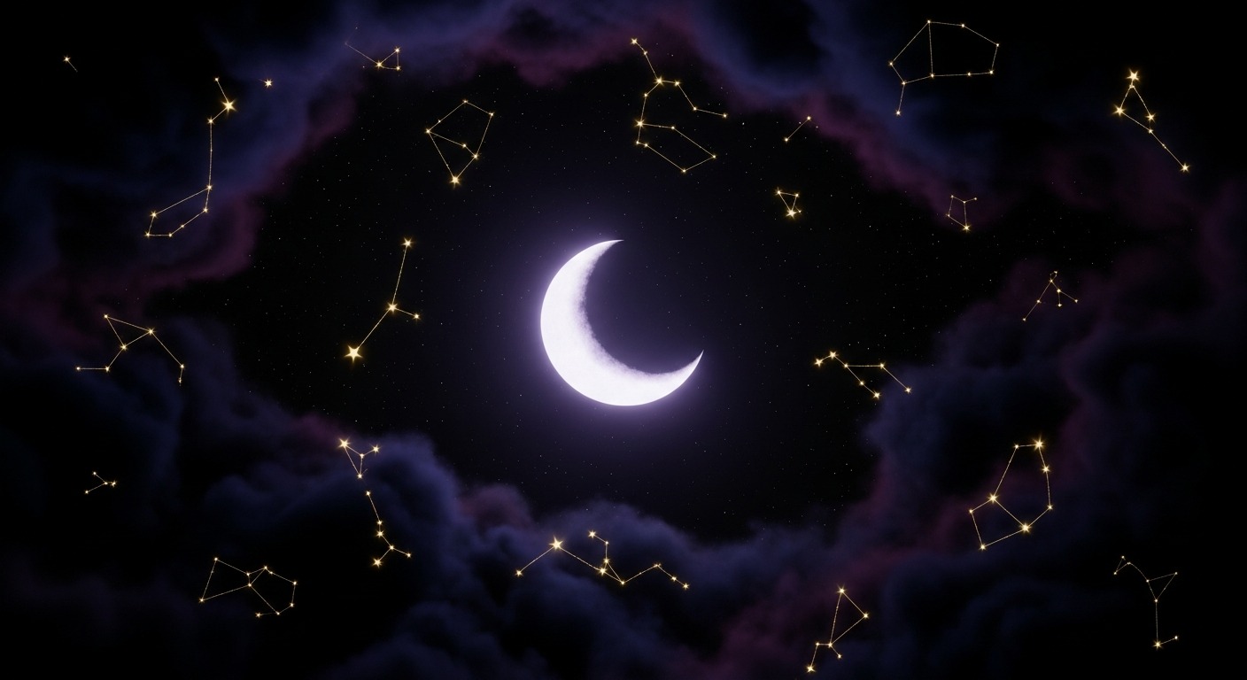 星座と三日月の夜空